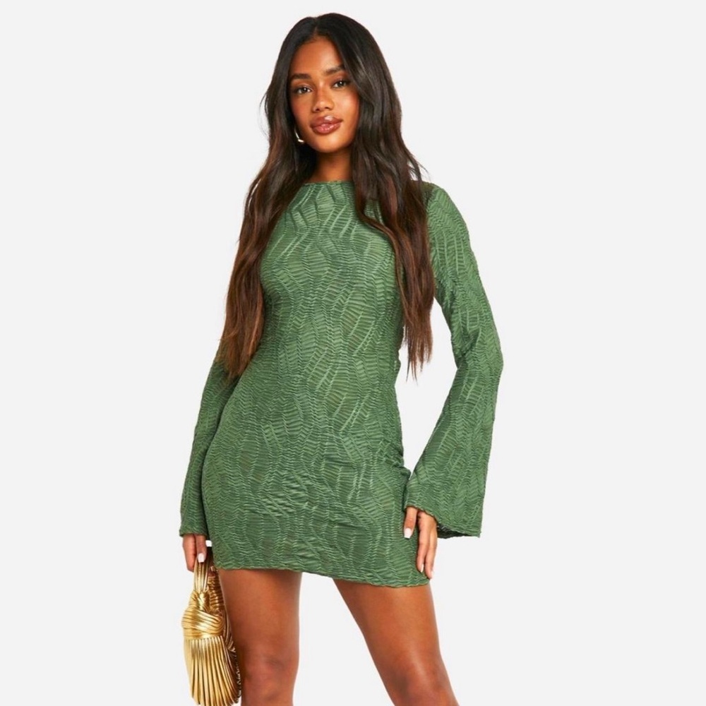 Boohoo Green Ribbed Bodycon Dress with Bell Sleeves